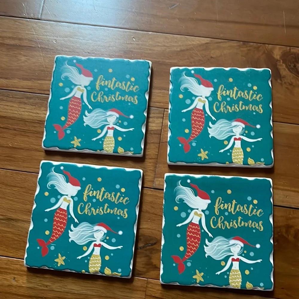 Ceramic mermaid drink coasters - set of 4